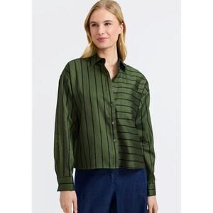 Foxcroft Womens XL Green Marina Stripe Houndstooth Long Sleeve Button-Up Shirt